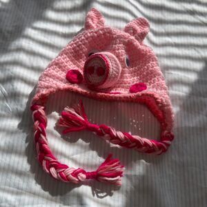 Handmade Crochet Peppa Pig Earflap Beanie Hat with Braids and Googly Eyes